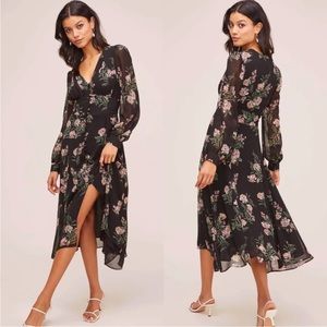 ASTR the label floral midi dress button bodice black long puff sleeve ruched-M
